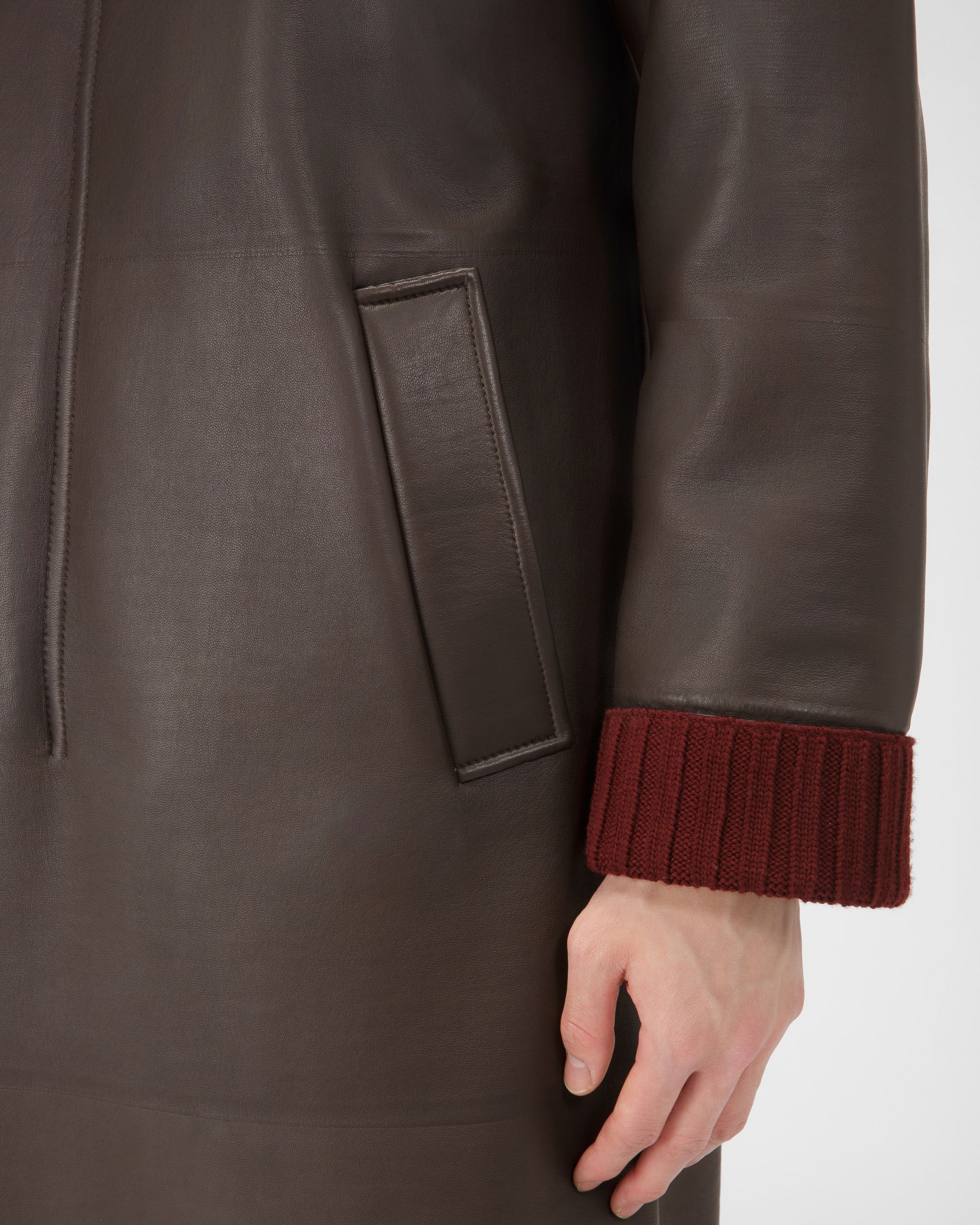 Cappotto In Pelle Marrone Scuro Con Finiture In Maglia - Uomo - Bally - 02