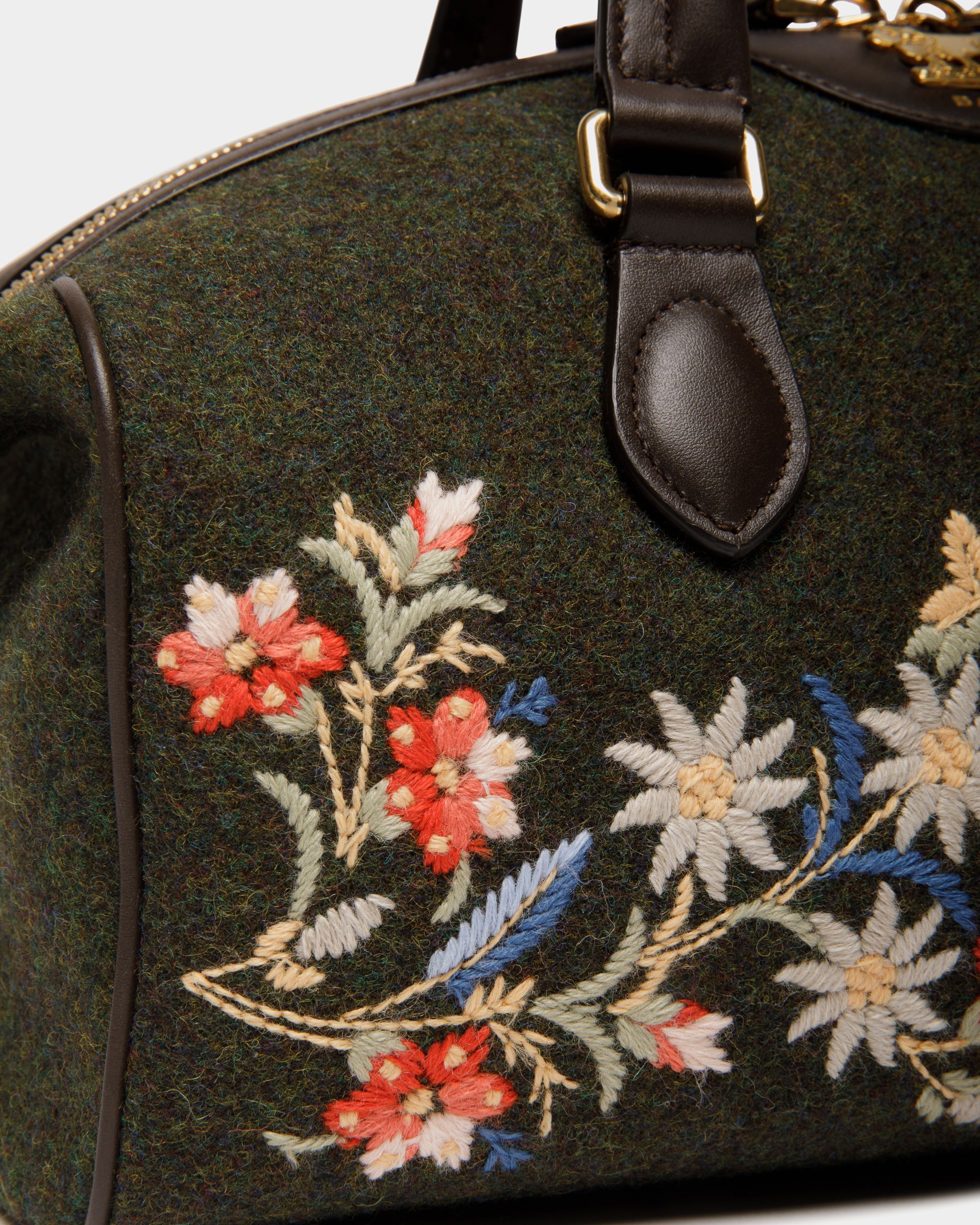 Borsa A Mano Winter Capsule In Lana Verde Scuro E Pelle Color Ebano Con Ricamo Alpine Flowers - Donna - Bally - 04