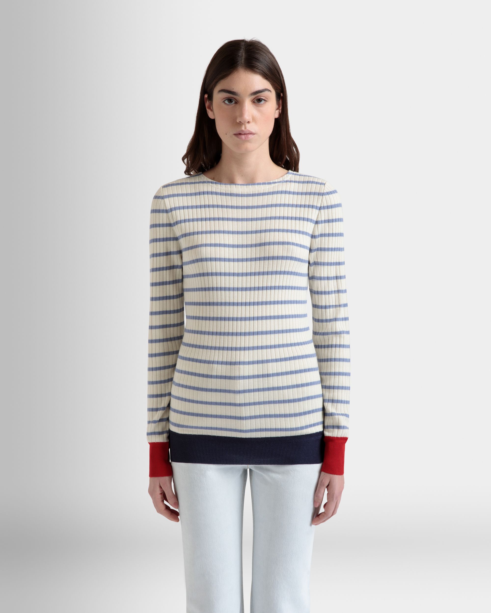 Top A Maniche Lunghe In Misto Lana Avorio E Light Blue - Donna - Bally - 08