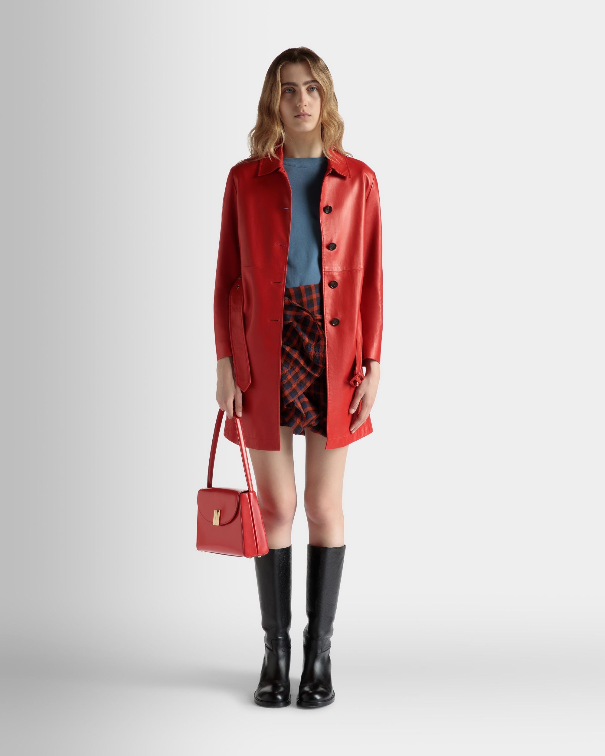 Cappotto Midi In Pelle Candy Red Con Cintura - Donna - Bally - 02